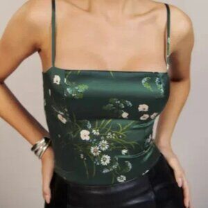 Reformation -- Overland Silk Top in "Buena" (green florals)